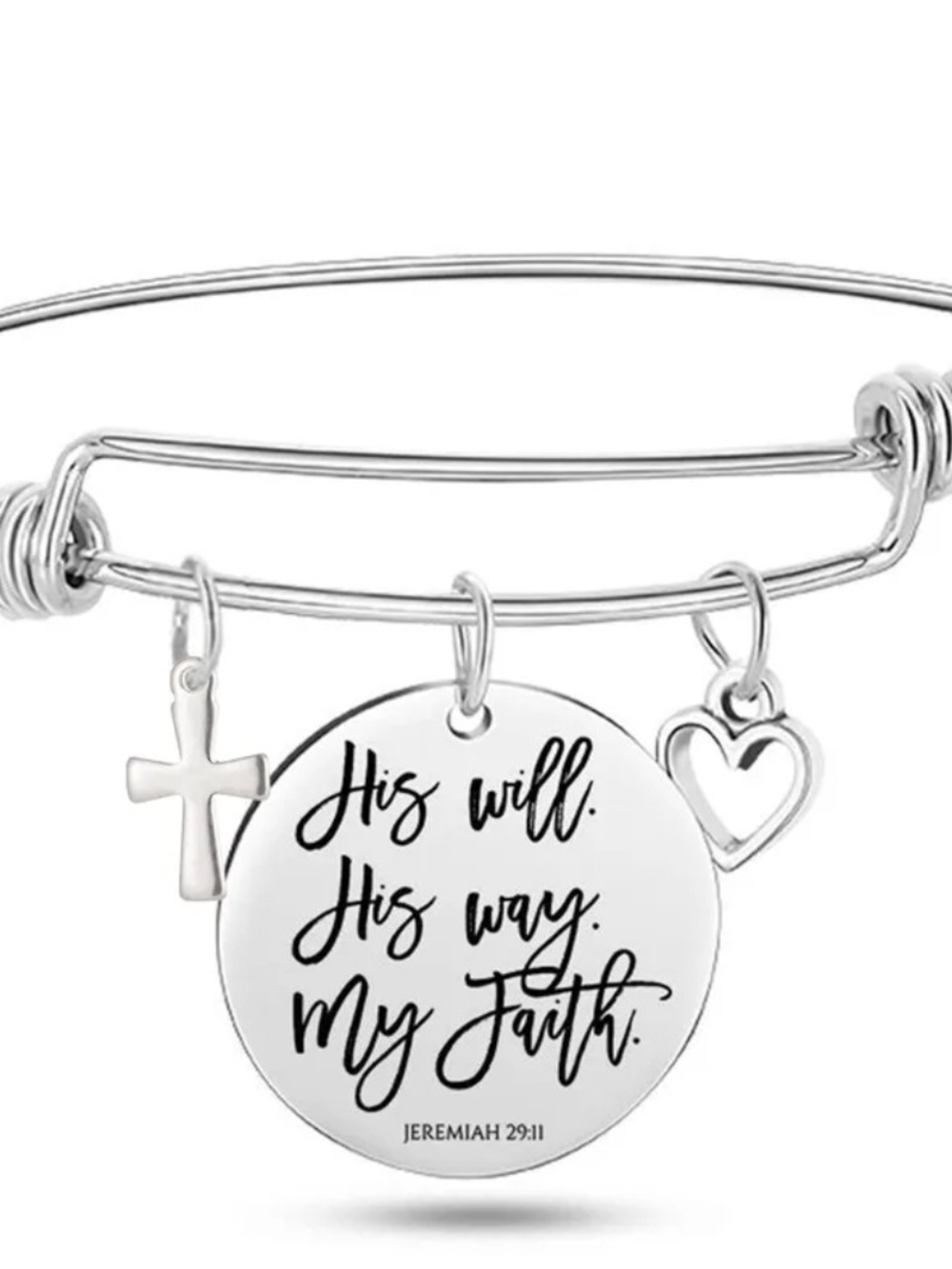 Faith Message Silver Charm Bangle Bracelet - His Will His Way My Faith